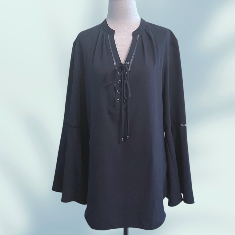 Nygard Elegant Bell Sleeve Blouse in Navy Blue Size Medium